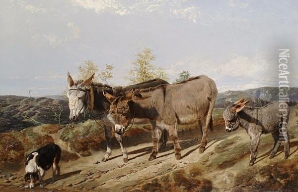 Donkeys On A Moorland Track, A Dog In The Foreground Oil Painting - Friedrich Wilhelm Keyl