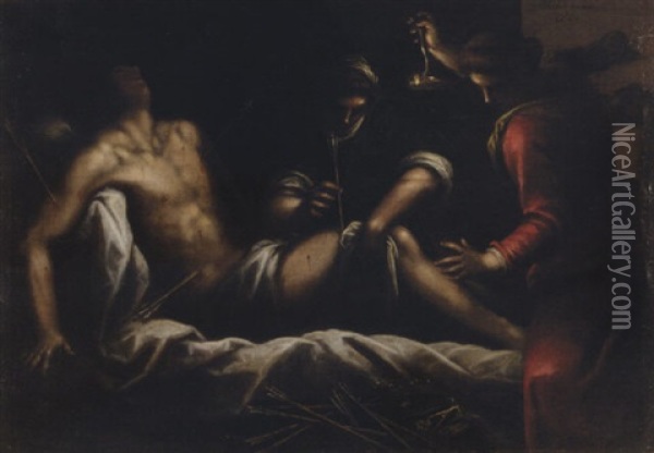 Saint Irene And A Female Saint Tending The Wounds Of Saint Sebastian Oil Painting - Jacopo Palma il Giovane