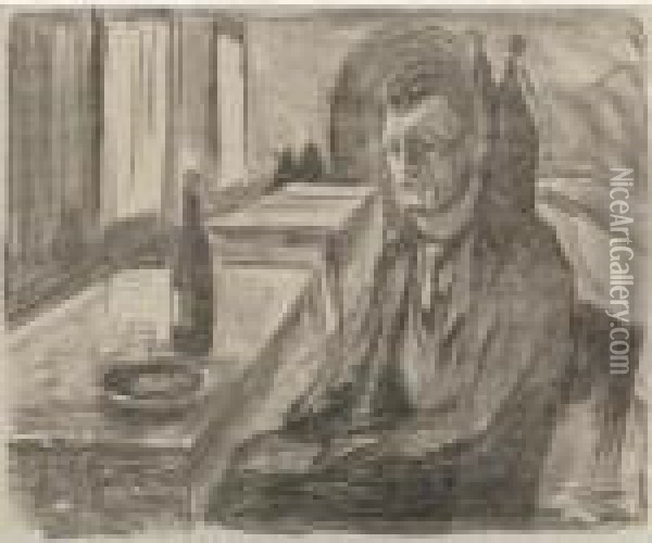 Self-portrait With A Bottle Of Wine (w. 712) Oil Painting - Edvard Munch