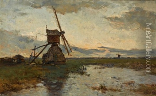 Windmills In A Polder Landscape Oil Painting - Paul Joseph Constantin Gabriel