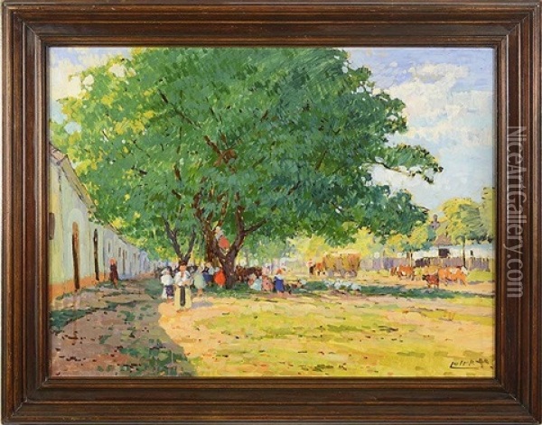 Sunny Village Square Oil Painting - Stanislav Lolek