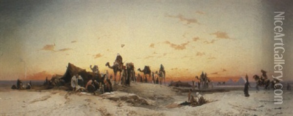 A Caravan In The Egyptian Desert By Pyramids Oil Painting - Hermann David Salomon Corrodi