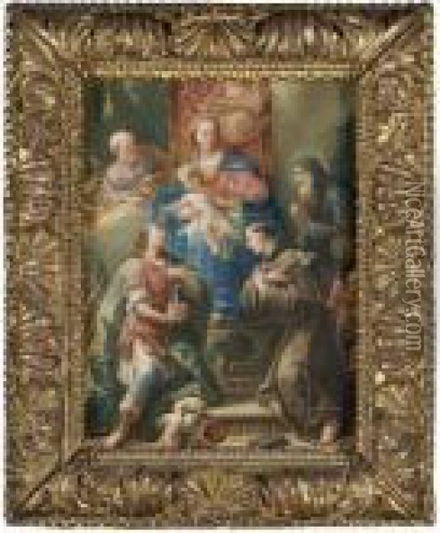 The Madonna And Child Enthroned 
With Saints Joseph, Anthony Of Padua, Francis Of Paola, And A Young 
Martyr Warrior Saint, Possibly Saint Florian, Holding A Model Of A Town Oil Painting - Gaspare Diziani