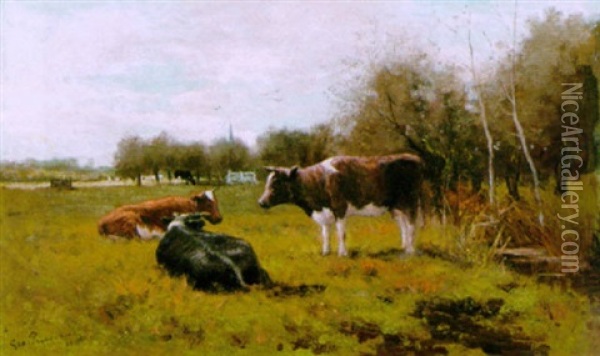 Cows At Pasture Near Kortenhoef Oil Painting - Geo Poggenbeek