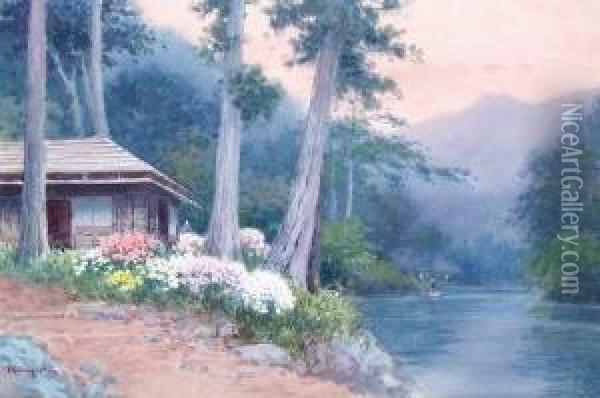 Fluslandschaft In Japan Mit Haus, Bluhenden Blumen Und Zwei Personen Oil Painting - Tokusaburo Kobayashi