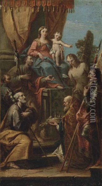 The Madonna And Child Enthroned With Saints Joseph, Sebastian, George, Roch, A Bishop Saint Holding A Model Of A City, And A Donor Oil Painting - Giuseppe Diziani