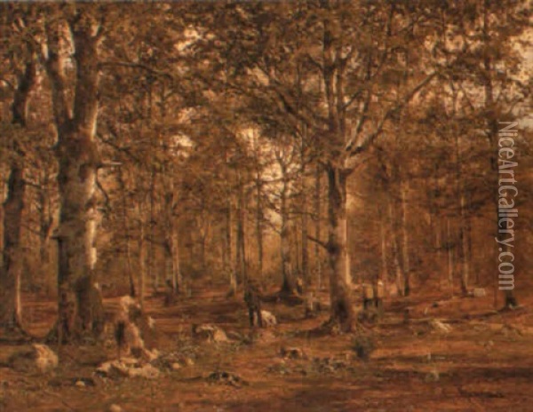 Huntsmen In A Birch Wood Oil Painting - Gustav Koken