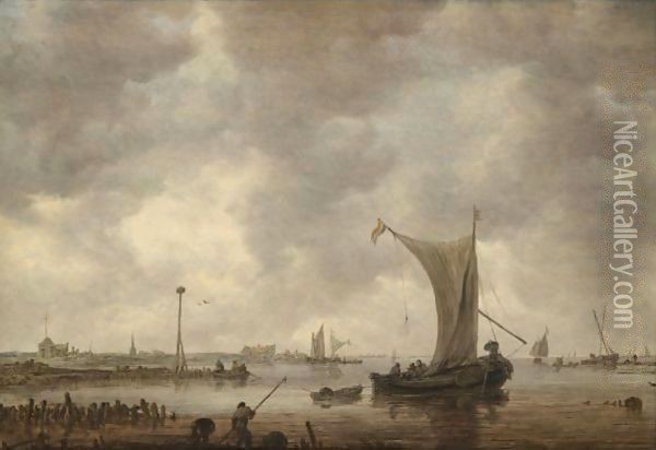 River Estuary With Shipping And Fishermen On The Shore Oil Painting - Jan van Goyen