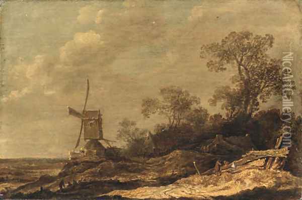 A dune landscape with figures conversing by a fence, a windmill and cottages beyond Oil Painting - Cornelis Symonsz. Van Der Schalcke
