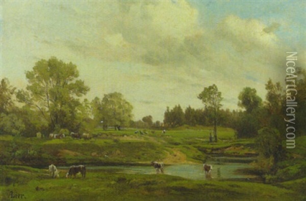 Sommerlandschaft Mit Weidendem Vieh Auf Der Von Baumen Gesaumten Wiese Oil Painting - Adolf Heinrich Lier