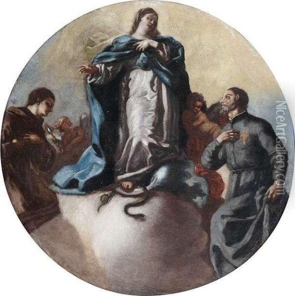 Immaculate Conception With Saint Anthony Of Padua And Saint Camillo Of Lellis. Oil Painting - Leonardo Antonio Olivieri