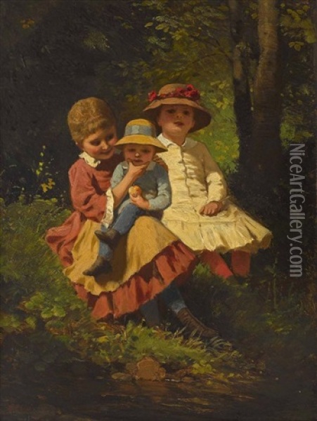 Drei Kinder Am Ufer Oil Painting - Anton Ebert