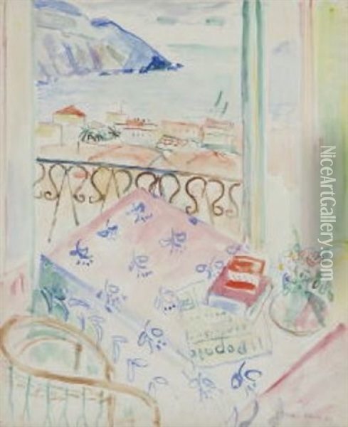 Balkonzimmer Mit Blick Auf Positano (il Popolo, Rote Bucher Und Blumenvase Auf Ornamentierter Tischdecke) Oil Painting - Oskar Moll