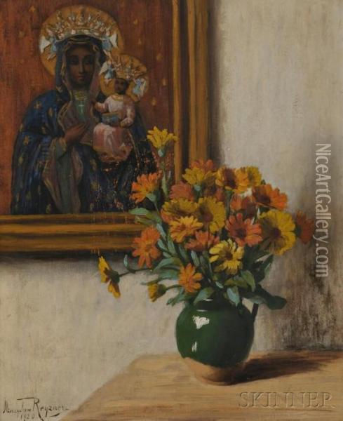 Still Life With Black Madonna Of Czestochowa Oil Painting - Mieczyslaw Reyzner