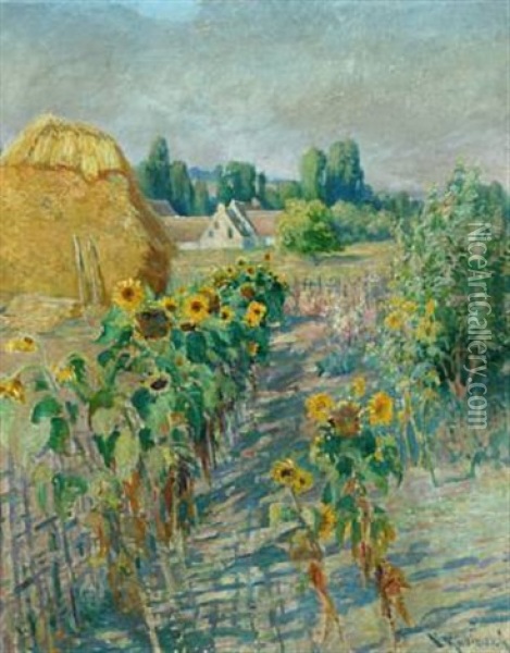 Landscape With Sunflowers And House Oil Painting - Vaclav Radimsky