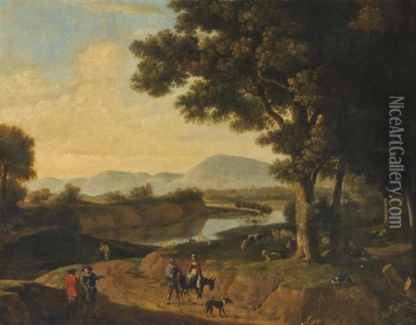 A Wooded River Landscape With Travellers On A Track And A Shepherd And His Flock Oil Painting - Jan Wijnants