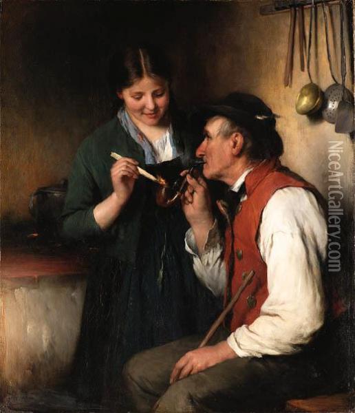 Lighting Grandfather's Pipe Oil Painting - Joseph Miller