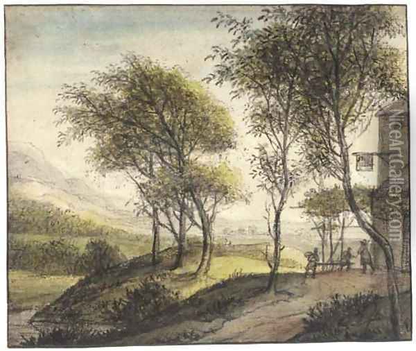 An extensive landscape with a tavern among trees to the right Oil Painting - Anthonie Waterloo