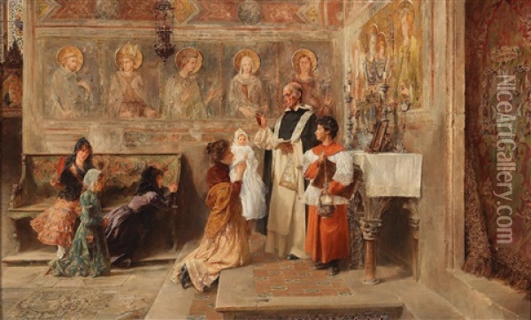 Christening In The Lower Basilica Of San Francesco In Assisi With Frescoes By Simone Martini In The Background Oil Painting - Vicente Poveda Y Juan