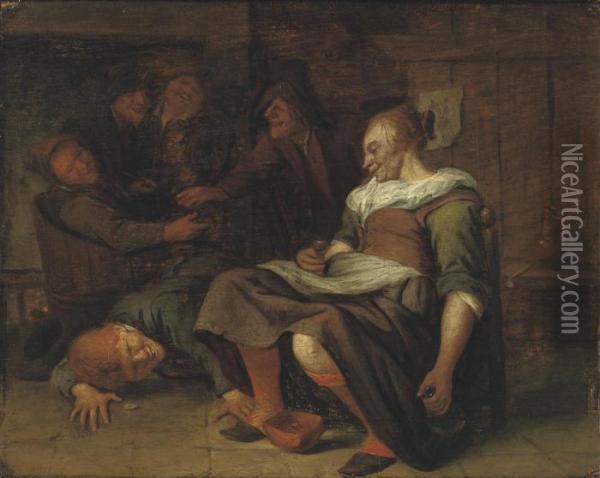A Peasant Woman With A Boy Trying To Look Under Her Skirt Oil Painting - Jan Steen