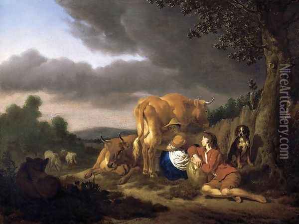 Milking a Cow 1666 Oil Painting - Adriaen Van De Velde