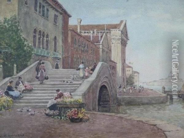 Venetian Scene With Flower Sellers Oil Painting - James W. Milliken