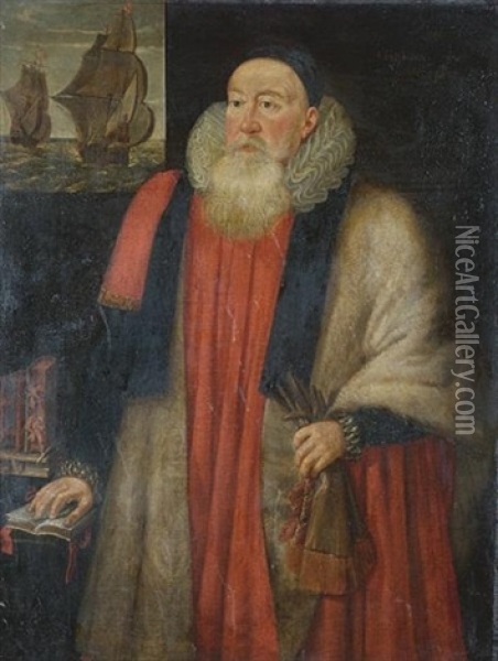 Portrait Of Charles Howard, Second Baron Howard Of Effingham And First Earl Of Nottingham, In Peer's Robes, A View Of Men O'war At Sea Through A Window Beyond Oil Painting - Cornelis Jonson Van Ceulen