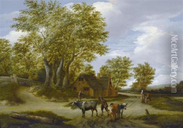 Landscape With Herdsmen And Cattle In The Foreground. Oil Painting - Godaert Kamper