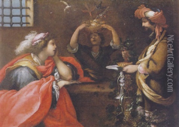An Elegant Youth Being Attended By Servants With Food And Wine In Prison Oil Painting - Francesco (Cecco Bravo) Montelatici