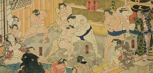 One of eight views of Kanjin Sumo Oil Painting - Utagawa Kunisada