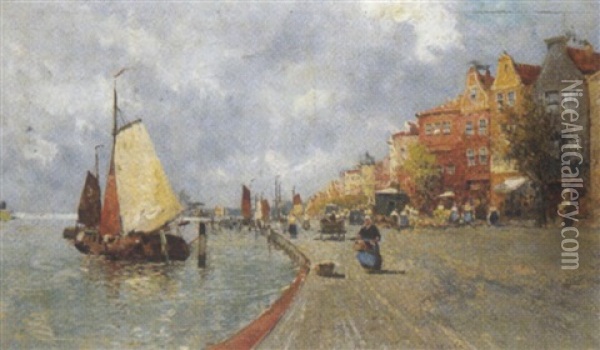 Hollandische Hafenstadtansicht Oil Painting - Georg Fischhof