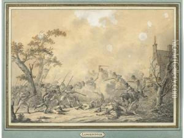 Scene De Bataille. Plume Et Encre Brune, Lavis Gris. 18 X 26 Cm Oil Painting - Dirck Langendijk