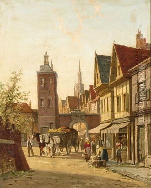 Villagers In A Sunlit Dutch Town Oil Painting - William Raymond Dommersen