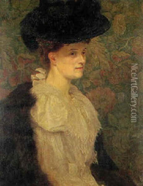 Portrait Of Mrs. Sybil Leyland With Feathered Hat, Seated Before A Floral Screen Oil Painting - James Prinsep Barnes Beadle