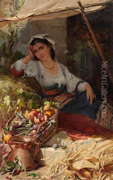 Joven Napolitana Vendiendo Fruta Oil Painting - Louis Emile Adan