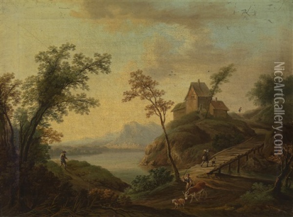 Flusslandschaften (pair) Oil Painting - Christian Georg Schuetz the Younger