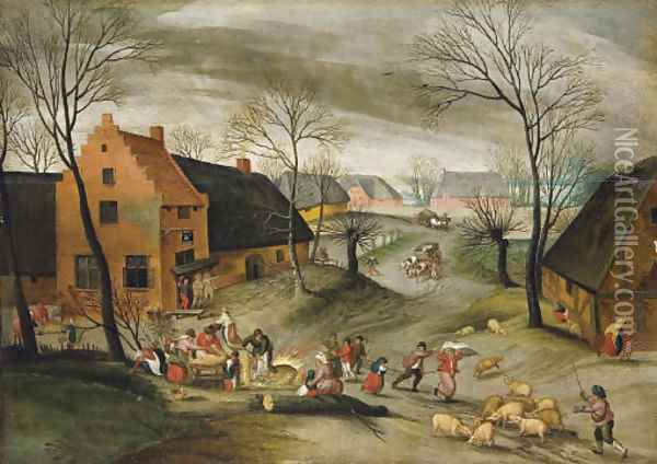 A wooded winter village landscape with peasants slaughtering pigs Oil Painting - Abel Grimmer