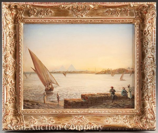 View Of The Nile And Great Pyramids Of Giza, Cairo, Egypt Oil Painting - Heinrich Stein