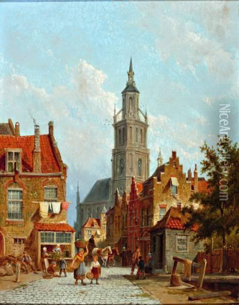 Figuren Op Straat Bij De Grote Of Onze-lieve-vrouwekerk Van Breda Oil Painting - Pieter Cornelis Dommershuijzen
