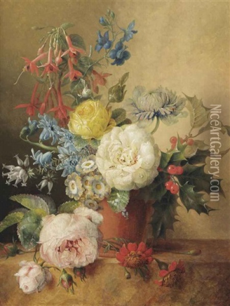A Fuchsia, Roses, Chrysantheum, Holly And Other Flowers In A Terra Cotta Vase, On A Marble Ledge Oil Painting - Willem Hekking