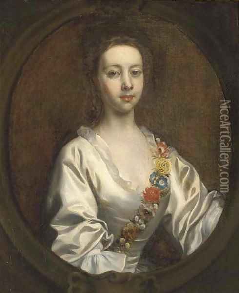 Portrait of Lucia Blithe, bust-length, in a white dress and flower garland, in a feigned cartouche Oil Painting - Joseph Highmore