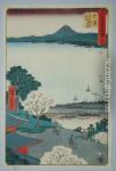 Vue De La Pagode Miidera Sur Le Lac Biwa Et La Ville D'otsu Oil Painting - Utagawa or Ando Hiroshige