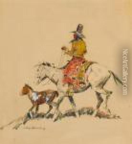 An Indian Leading A Pony Oil Painting - Laverne Nelson Black