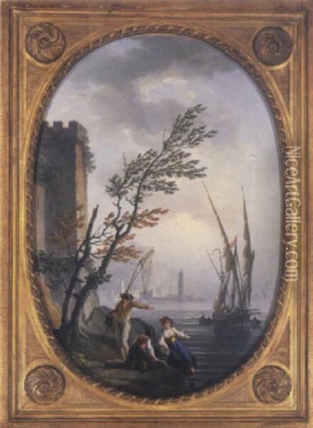 Trois Pecheurs Sur Des Rochers A La Sortie Du Port De Marseille Oil Painting - Charles Francois Lacroix