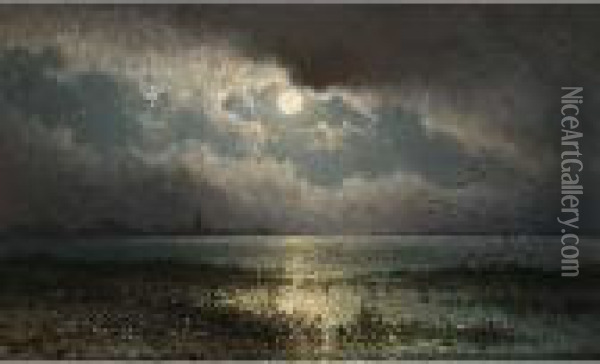 Het Ij Bij Zeeburg,maanlicht Oil Painting - Johannes Hilverdink