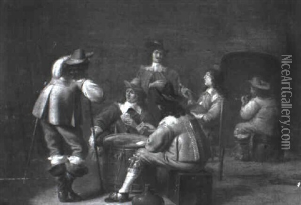 Soldiers Playing Cards In An Interior Oil Painting - Jan Olis