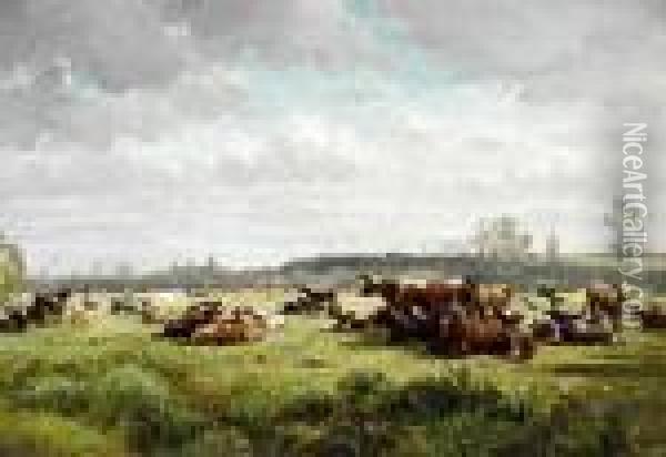 Cows Grazing In A Meadow In Summer Oil Painting - Willem Roelofs