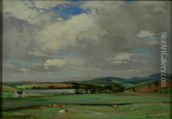 Cows In A Meadow With Rolling Hills Beyond Oil Painting - John Campbell Mitchell