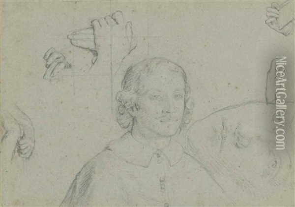 Studies Of A Cardinal And Of Hands And A Head Oil Painting - Giovanni Battista Salvi (Il Sassoferrato)