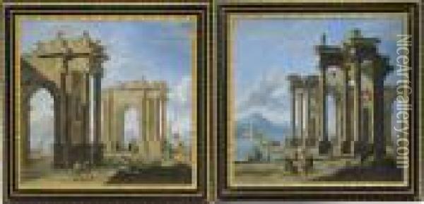 Lotto Unico Di Due Dipinti: <architettura Con Arco Trionfale E Oil Painting - Gennaro Greco, Il Mascacotta